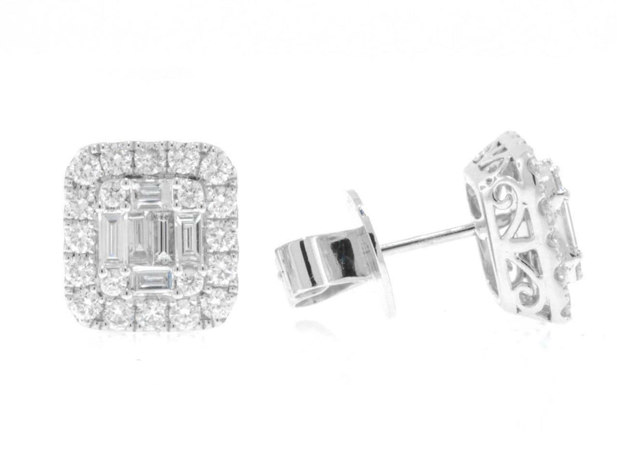 1.51ct Baguette and Round Diamond Stud Earrings 18k White Gold