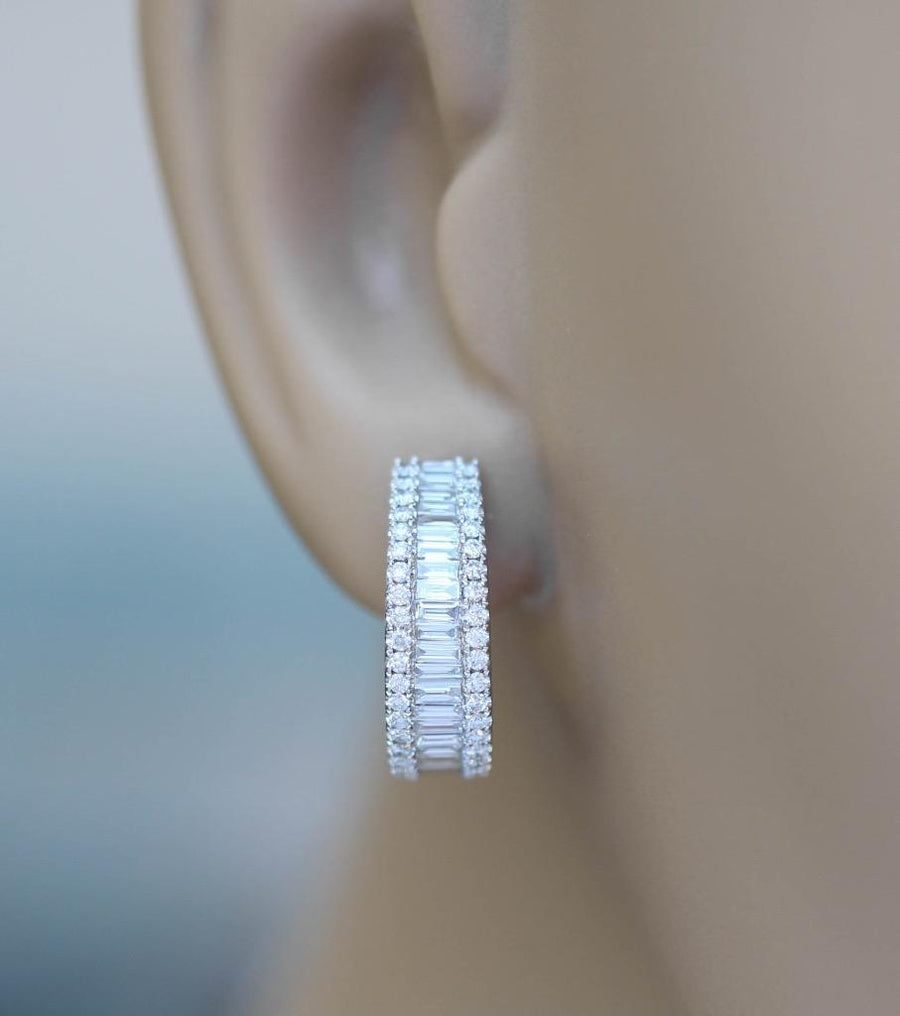 1.37ct Baguette Diamond Hoop Earrings 18k White Gold Omega Back