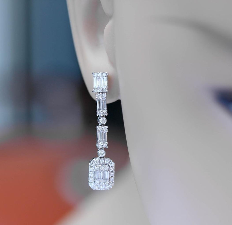 1.20ct Baguette Diamond Dangle Drop Earrings 18k White Gold