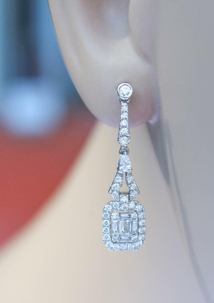 1.00ct Diamond Dangle Earrings Baguette Drop 18k White Gold