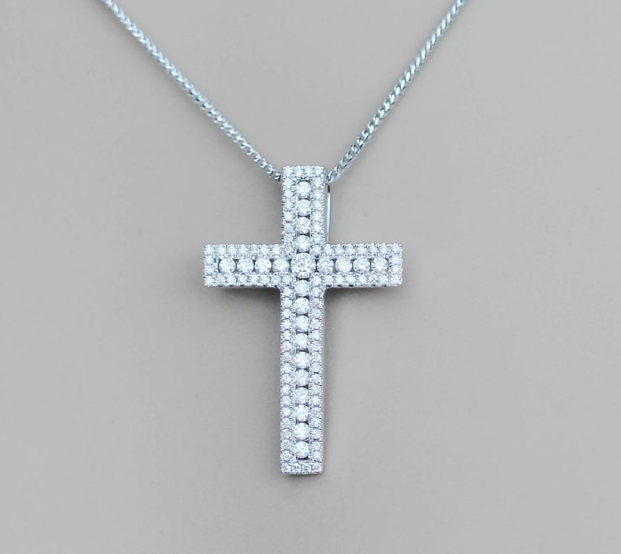 0.85ct Diamond Cross Pendant Necklace 18k White Gold