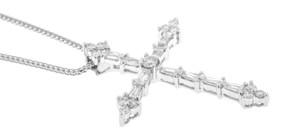 0.75ct Baguette Diamond Cross Pendant 18k White Gold Necklace