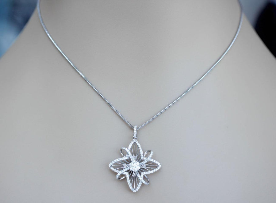 1.38ct Diamond Pendant Flower Necklace 18k White Gold