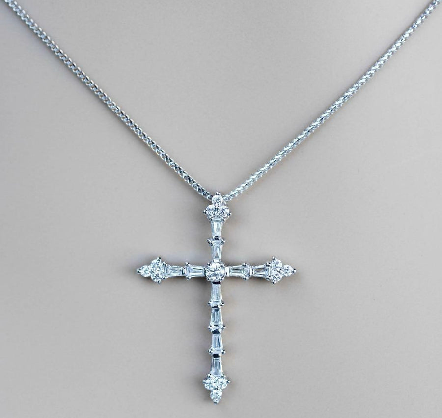 0.75ct Baguette Diamond Cross Pendant 18k White Gold Necklace