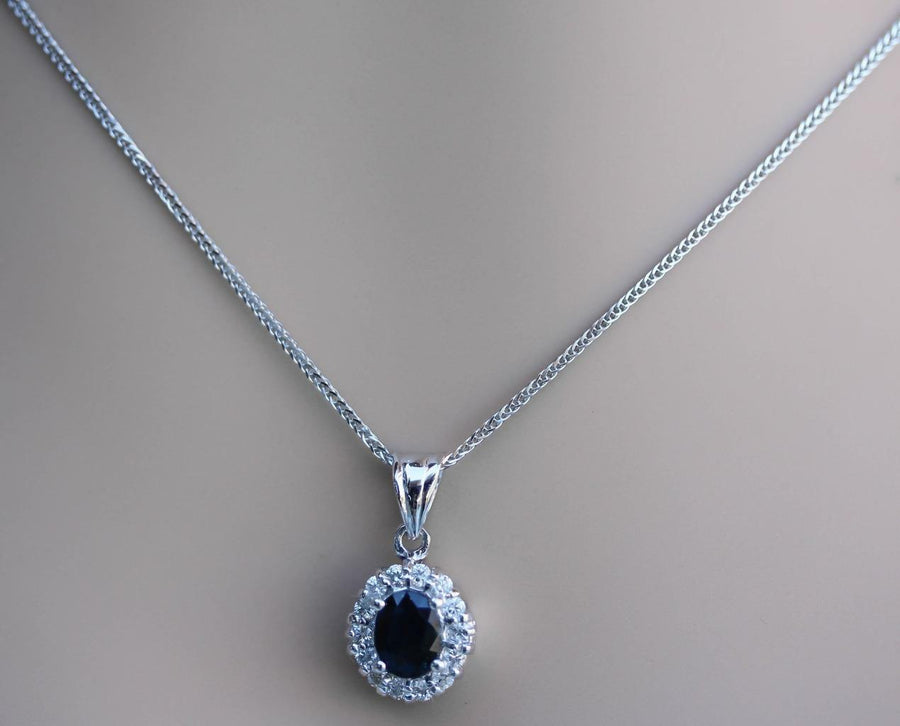 2.00ct Natural Blue Sapphire and Diamond Pendant Necklace 14k White Gold