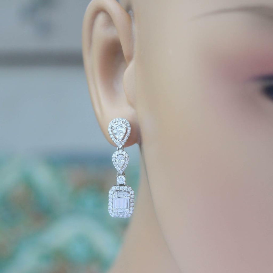 1.80ct Baguette and Pear Diamond Dangle Earrings 18k White Gold