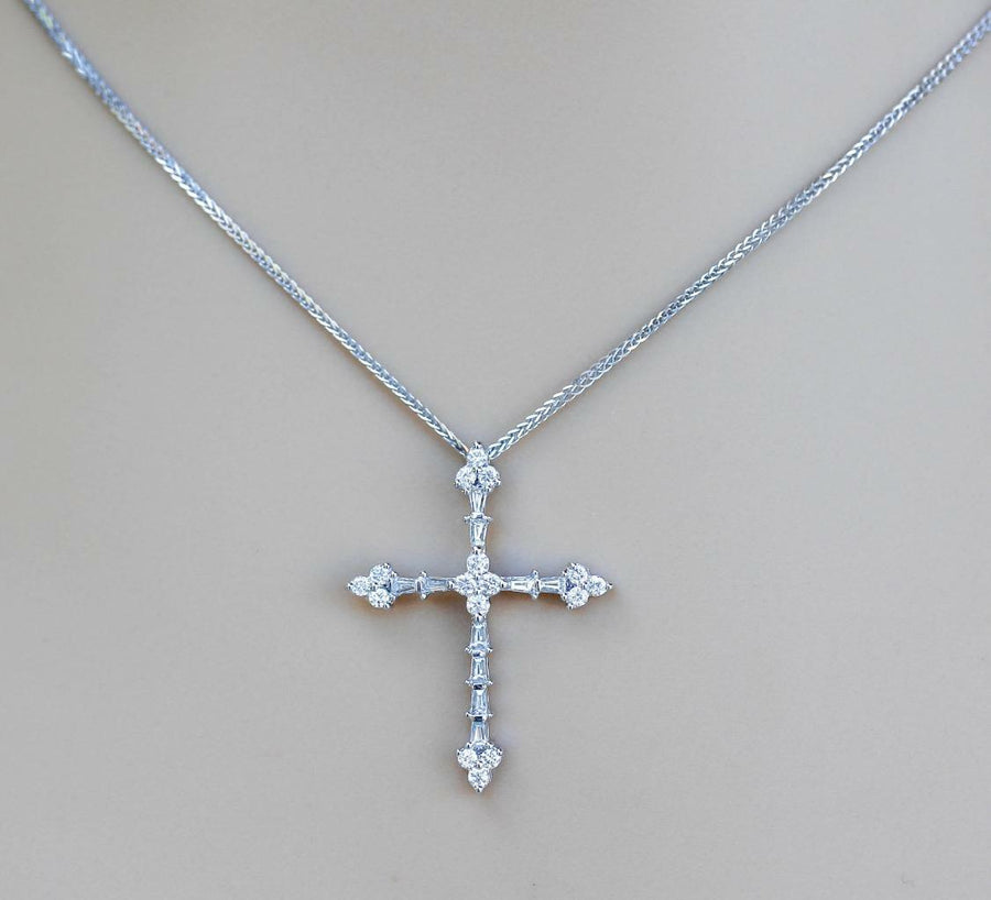 0.60ct Diamond Cross Pendant Necklace Baguette 18k White Gold