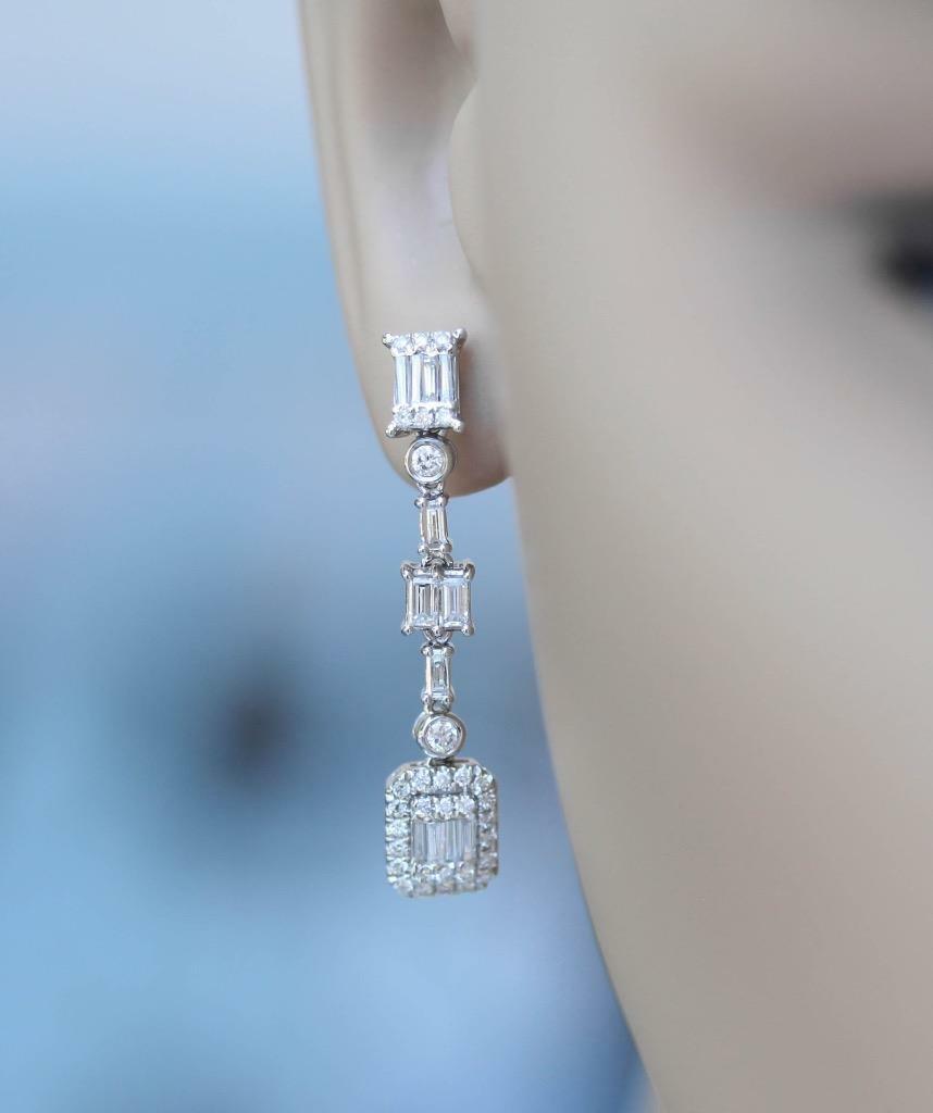 1.36ct Baguette Diamond Dangle Drop Earrings 18k White Gold