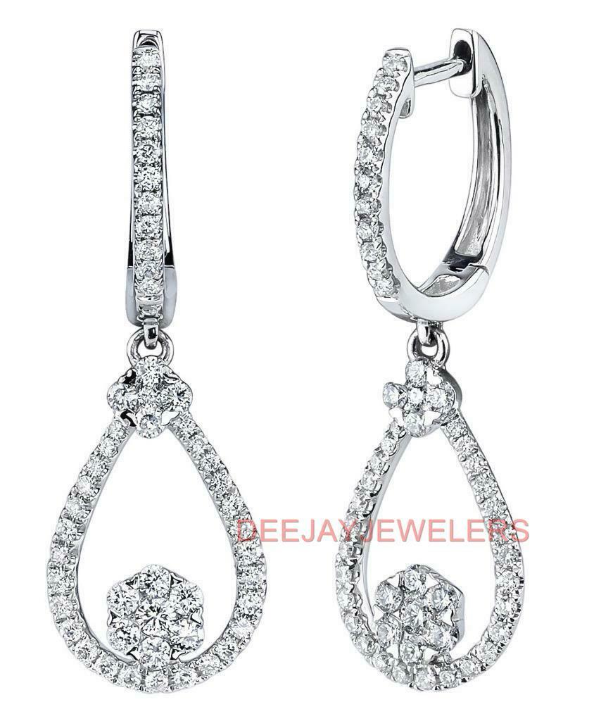 0.75ct Diamond Dangle Earrings 18k White Gold Teardrop Cluster